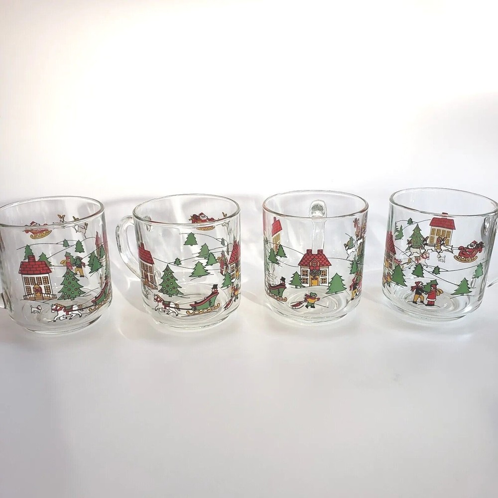 Luminarc The Joy Of Christmas 4 Glass Coffee Mugs‎ Santa Sleigh With Kids